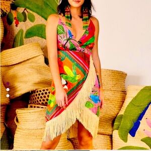 FARM Rio Tropical Red Multi-Color Fringe Mini Dress